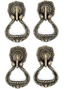 LXZ 4 PCs Vintage Antique Brass Pendant Ring Pulls Drop Handles Knobs with Single Mounting Hole for Drawer Cabinet Dresser Wardrobe Cupboard (Height 2-11/64", Width 1-29/64")