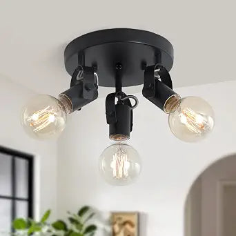 3-Light Flush Mount Ceiling SpotlightMulti-Directional Track Lighting Fixtures Ceiling with Open No Shade Design, Black Kitchen Light for Island, Sink,Dining Room, Hallway (E26, Bulb Not Included)