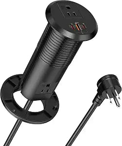 2 Inch Desk Power Grommet Outlet, 2AC Outlets, 3 USB (2 USB-C), Black, 6FT