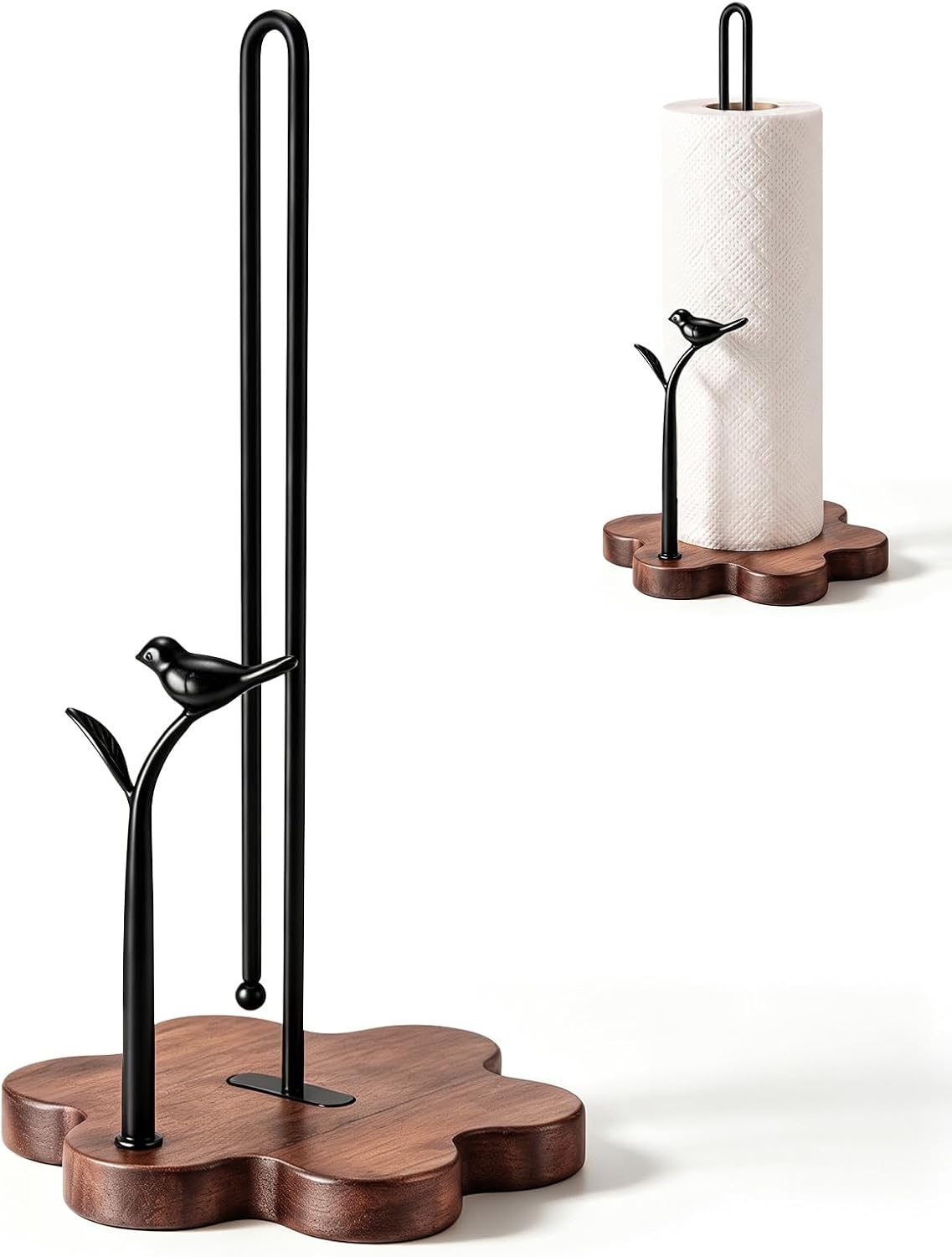Wooden Paper Towel Holder Countertop,Whimsical Birdâ€‘Leaf Accent