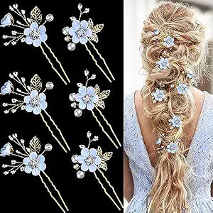 6 Pieces Bridal Flower Wedding Hair Pins Crystal Pearl Hair Pins Clips Headpiece Gold Wedding Hair Accessories Jewelry with Rhinestone for Brides Bridesmaids Women Girls Updo (Special Cream Blue)