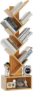 YMYNY 6 Tier Tree Bookshelf, Tall Bookcase, Wood Book Storage Rack with Drawer, Modern Floor Standing Book Shelf for Books/Movies/CDs, Utility Organizer for Living Room, Home Office, Natural UHBC016N