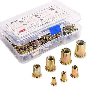 LOKMAN 175PCS Metric Rivet Nut Kit Carbon Steel Flat Head Threaded Insert Nut Assorted in M3 M4 M5 M6 M8 M10 M12, Knurled Body (Rivet Nut Kit 1)