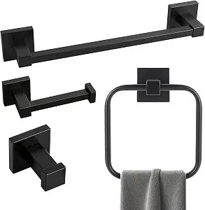 Matte Black Bathroom Hardware Accessories Set 4 Pieces, SUS304 Stainless Steel Bathroom Towel Rack Holder Set Wall Mounted-18 Inch Towel Bar, Toilet Paper Holder, Square Towel Ring, Towel Hook