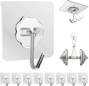DDMY Adhesive Wall Hooks Clear 50lb(Max) Heavy Duty Hanging Sticky-10 Pack