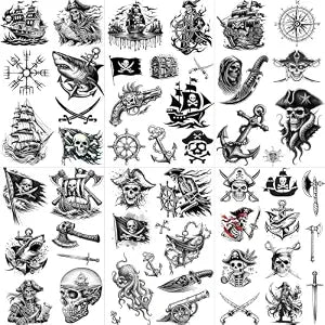 VANTATY 50+ PCS 6 Sheets Skull Pirate Captain Temporary Tattoos For Men Women Adults Arm Hand Body Tattoo Sticker, Realistic Pirate Ship Sailboat Anchor Compass Fake Tattoos Halloween Costume Tatoos