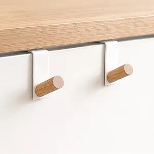 Modern Kitchen & Bathroom Cabinet Drawer Over The Door Hanger Hooks - Matte White Coated Steel and Natural Beech Wood Pegs (2 PC)