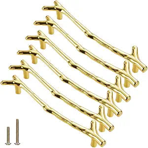 Branch Knob 6pcs Gold Vintage Tree Twig Branch Cabinet Knobs Pull Handles with 2 Sizes Screws,Zinc Alloy Drawer Handle for Mountain House Kitchen Cupboard (Length 6.4"/Hole Distance 5", Gold)