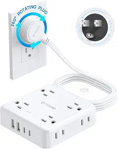 TROND 360 Rotating Flat Plug Power Strip 10ft, 8 AC & 4 USB (2U2C), White