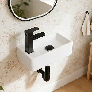White Ceramic Wall Mounted Sink For Small Bathroom,14 * 7in Rectangular Floating Sink,Left Hand Modern Wall-Hung Vessel Sink