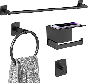 Matte Black Bathroom Accessories Set 4-Pieces, Towel Racks for Bathroom 24Inch Towel Bar, Towel Ring, Towel Hooks, Toilet Paper Holder with Shelf, Stainless Steel Wall Mounted Bathroom Hardware Set