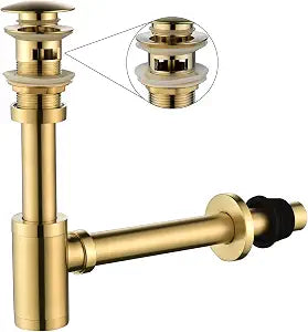 Bathroom Sink Stopper P-Trap Complete Set Adjustable Bottle Trap Solid Brass Sink Drain Kit Tube and Pop Up Drain Stopper Set with Overflow, Brushed Gold