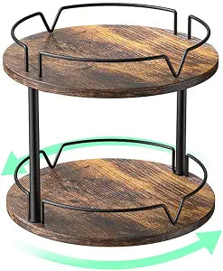 12" Wood Lazy Susan, 2 Tier-Rotating Spice Rack, Rustic Brown