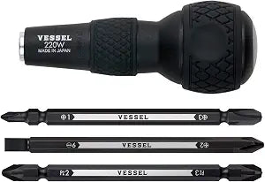 VESSEL BALL GRIP 1/4" Hex. Bit Interchangeable Screwdriver (Bit 3PC. (+1, +3 / +2, -6 / PZ2, PZ3) SET. 220W3J1)