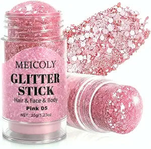 MEICOLY 1.23 OZ Pink Hair Glitter Stick for Women,Pink Halloween Face Gliiter for Rave Outfit Accessories, Holographic Mermaid Body Glitter Stick for Game Day Valentine Concerts Lover