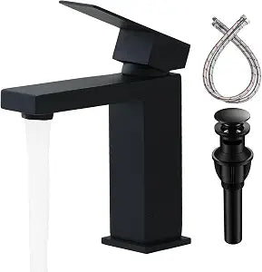 SHACO Black Single Hole Bathroom Faucet, Stainless Steel Single Handle Vanity Sink Faucet with Pop Up Drain and Supply Line, SC-BF109