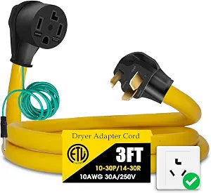 Dryer Adapter Cord, 3 Prong Older Dryer to 4 Prong Newer Dryer, Dryer Convert Cord NEMA 10-30P Plug to 14-30R Receptacle, 30 Amp 220V 10 AWG STW Blue with Safety Ground Wire, ETL Listed3FT)