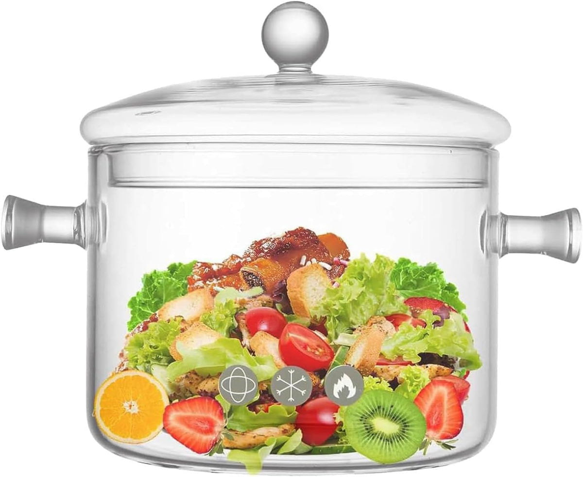 Glass Cooking Pots, 1.7L/57OZ Heat-Resistant Borosilicate Glass Saucepan with Cover, Glass Pots for Cooking on Stove Cookware Set Stovetop Pot for Soup, Pasta,& Baby Food(57OZ)