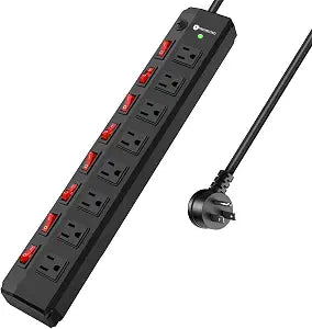 8 Outlet Heavy Duty Power Strip with 8 Individual Switches 1200J Black 6FT