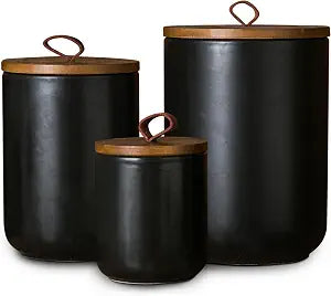 JOJUNO Black Ceramic Canister with Bamboo Lid, 3-Piece Airtight Jars