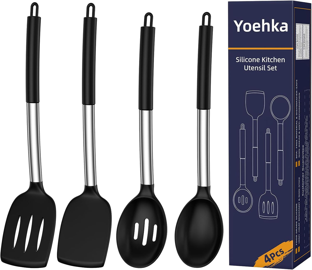 Yoehka Silicone Cooking Utensils Set, 4Pcs Spatula and Spoon Set, Black