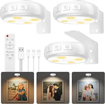 3 Pack Picture Light for Wall with 1200mAh Rechargeable Battery Operated Lights Remote Dimmable Timer Painting Light Magnetic 3 Adjustable Lighting RGB Modes Wall Decor Lights for Living Room(White)
