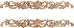 2PCS Long Wood Appliques - Unpainted Wooden Carved Onlays for Bed, Door, Cabinet, Wardrobe Furniture Decoration (05,40x5.5cm/15.75x2.17in)