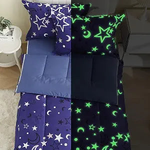 Kids Zipper Bedding Twin Size Glow in The Dark Stars & Moon Zip Up Comforter Set Purple Blue Galaxy All-in-One Zippered Fitted Sheet for Boys Girls Bedroom Decor