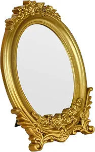 Vintage oval plastic make-up mirror with an exquisite gold floral frame