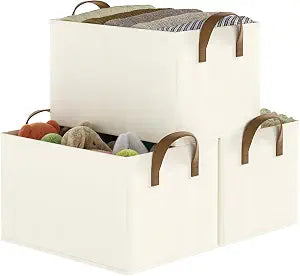 Closet Storage Bins, Fabric Closet Organizers and Storage Basket for Shelves, Collapsible Shelf Baskets for Organizing Shelves, Bedroom Clothes Basket, Beige, 3 Pack