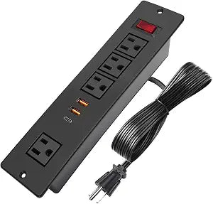Desktop Recessed Power Strip USB C (Fast Charge 20W),Mounted Desk Plug in Extension Cord 4 Outlets (1 Extra Wide Space) w 3 USB Ports (w Switch) for Conference Counter Table Couch.
