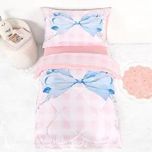 DILIMI Toddler Bedding Set for Girls, Pink Gingham Bow Toddler Comforter Set, 4 Pieces Soft Toddler Bed Set Include Comforter, Fitted Sheet, Flat Sheet, Pillowcase, Pink Checkered