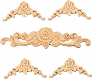 Wood Rose Appliques Onlays Set, 5Pcs Unpainted Decorative Carved Decals