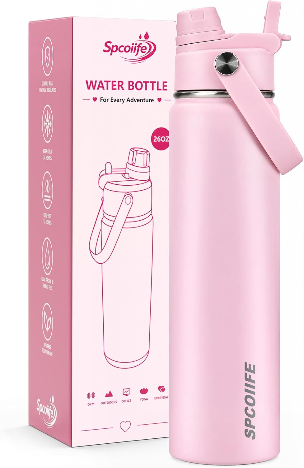 Insulated Water Bottle 26oz, Cold 24H, Leakproof 2-in-1 Straw & Spout Lid