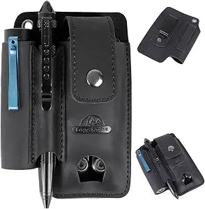 Topstache Leather Multitool Sheath with Belt Clip - Leather Multitool Holder with Closure Flap - EDC Belt Organizer Fits Multitool, Flashlight, Pen - EDC Pouch Belt Holster Case, Black