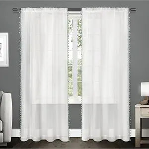 EXCLUSIVE HOME Tassels Embellished Sheer Rod Pocket Curtain Panel Pair, 54"x84", Seafoam