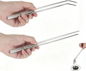 2 Pack Long Tweezers for Sink Drain, 10.63 Inch Extra Long Tweezers, Thin Stainless Steel, Straight and Curved Design with No-Slip Tips, Grabber for Hair and Debris, for Bathroom and Drain Sink