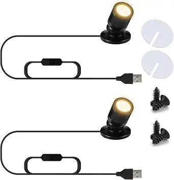 USB Powered Mini Spotlights for Displays 2-Pack  5V Small LED Spot Lights Indoor, 7 Color Options, Compact USB Spotlight for Display Cases, Shelves, Cabinets, and Artwork (2PACK Warm Light)