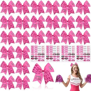 24Pcs Breast Cancer Awareness Cheer Bows Set includes 24 Pink Cheer Bows and 16 Breast Cancer Awareness Temporary Tattoos for Teen Girls Cheerleading Fundraising Event Party(Glitter Pink)
