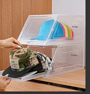 2 Pack Stackable Hat Organizer for Baseball Caps with Sliding Drawer, Clear
