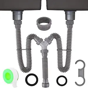 Double Sink Drain Kit, Flexible Sink Drain Pipe 1-1/2 inch Trap Fits Sin-k Bowl Dra-in Expandable All-In-One-Drain Kit with Sealing Ring, Tape for Kitchen, Bathroom(COLOR:1)