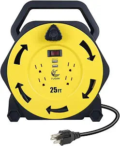 Retractable Extension Cord Reel with 25 FT Power Cord,16/3 AWG, 4 Grounded Outlets,2 USB 3.4A,13 Amp Circuit Breaker,UL Listed Yellow CR034
