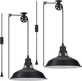 Lomoky Plug in Pendant Light, Hanging Lamp with Black Barn Pendant Lighting with 14.76ft Cord On/Off Switch, Adjustable Pulley Hanging Pendant Lighting for Kitchen Bedroom Restaurant 2 Pack
