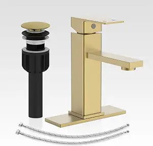 Bathroom Faucet, Brushed Gold Bathroom Sink Faucets & Parts(Pop-up Drain+6" Escutcheon Plate+Supply Hoses), Vanity Faucet for Vessel Sink, llaves para lavamanos de bao
