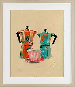 Retro Morning Moka Pots Kitchen, 13 x 16 Inch Framed Print Under Glass