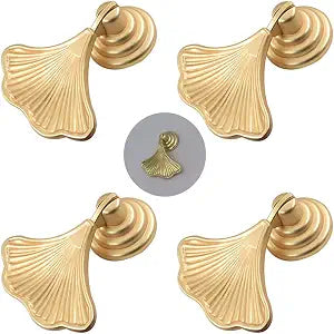 4 pcs Golden Drop Pendant Pull Handle Ginkgo Leaf Shape Knobs for Kitchen Bathroom Bedroom Cabinet Door Drawer Furniture Knob Handles (Gold)