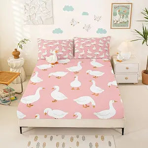 Homewish Cute Geese Ducks Fitted Sheet Twin Size,Cartoon Animal Bedding Set 2pcs,Farm Animals Bed Sheets with 1 Pillowcase,Pink Kids Boys Girls Room Decor, Soft Bedding(No Flat)