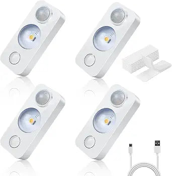 NIEGNOWOO LED Motion Sensor Puck Lights, Rechargeable Cabinet Lights, Stick on Wireless LED Night Light for Closet, Drawer, Shelf, Under Cabinet, Daylight White 4Pack, USB Charging Cord Included