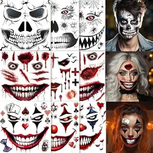 halloween face tattoos, skeleton clown face tattoo, big mouth tattoo, fake wound scar tattoos, zombie makeup kit, halloween prank makeup temporary tattoo (A)
