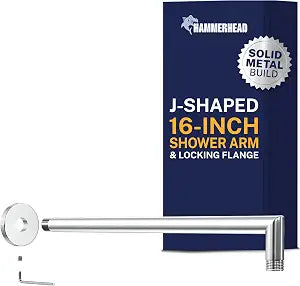 HammerHead Showers Solid Metal 16 Inch Extended Shower Arm and Flange with Set Screw, Long Shower Arm, Extends Rain Shower Overhead, Wall-Mounted Rain Shower Arm, Chrome